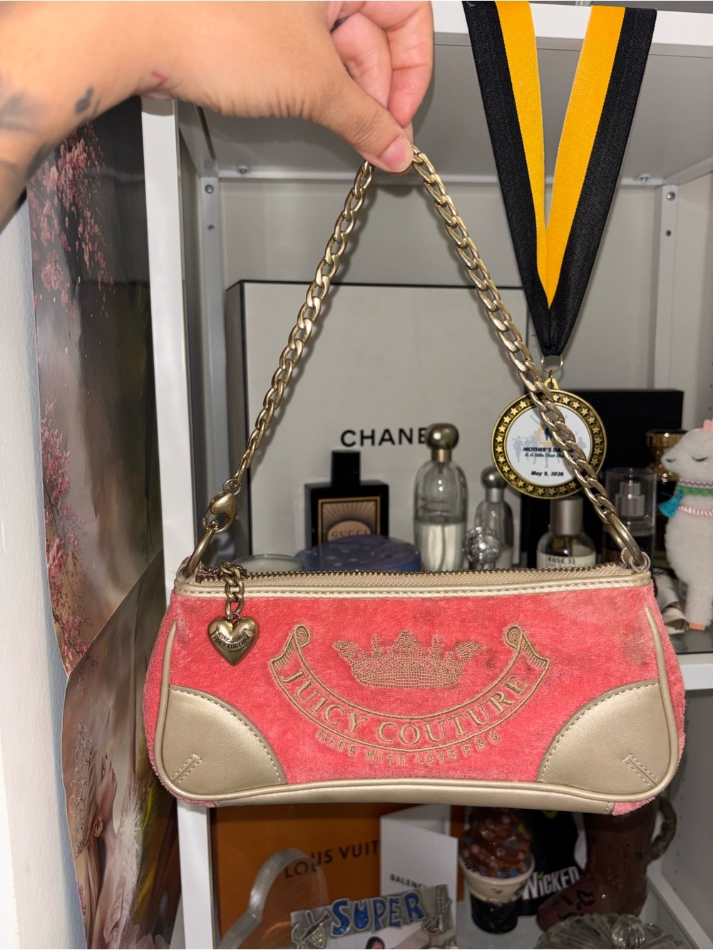 Y2K Juicy Couture Pink Terry Cloth Mini Shoulder Bag Gold Chain Heart